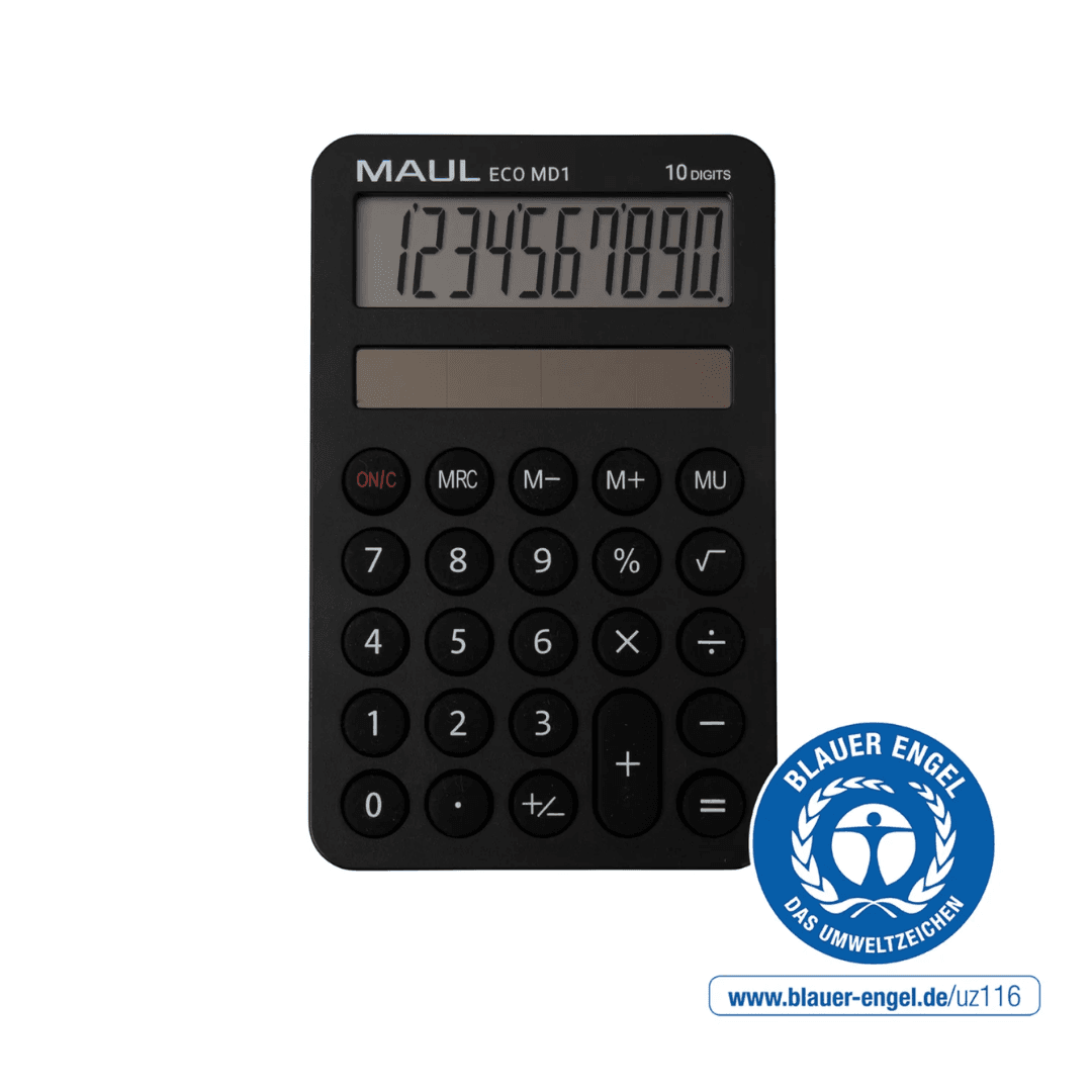 Calculator de buzunar, 10 digits, MAUL ECO MD1, din plastic reciclat, incarcare solara - negru