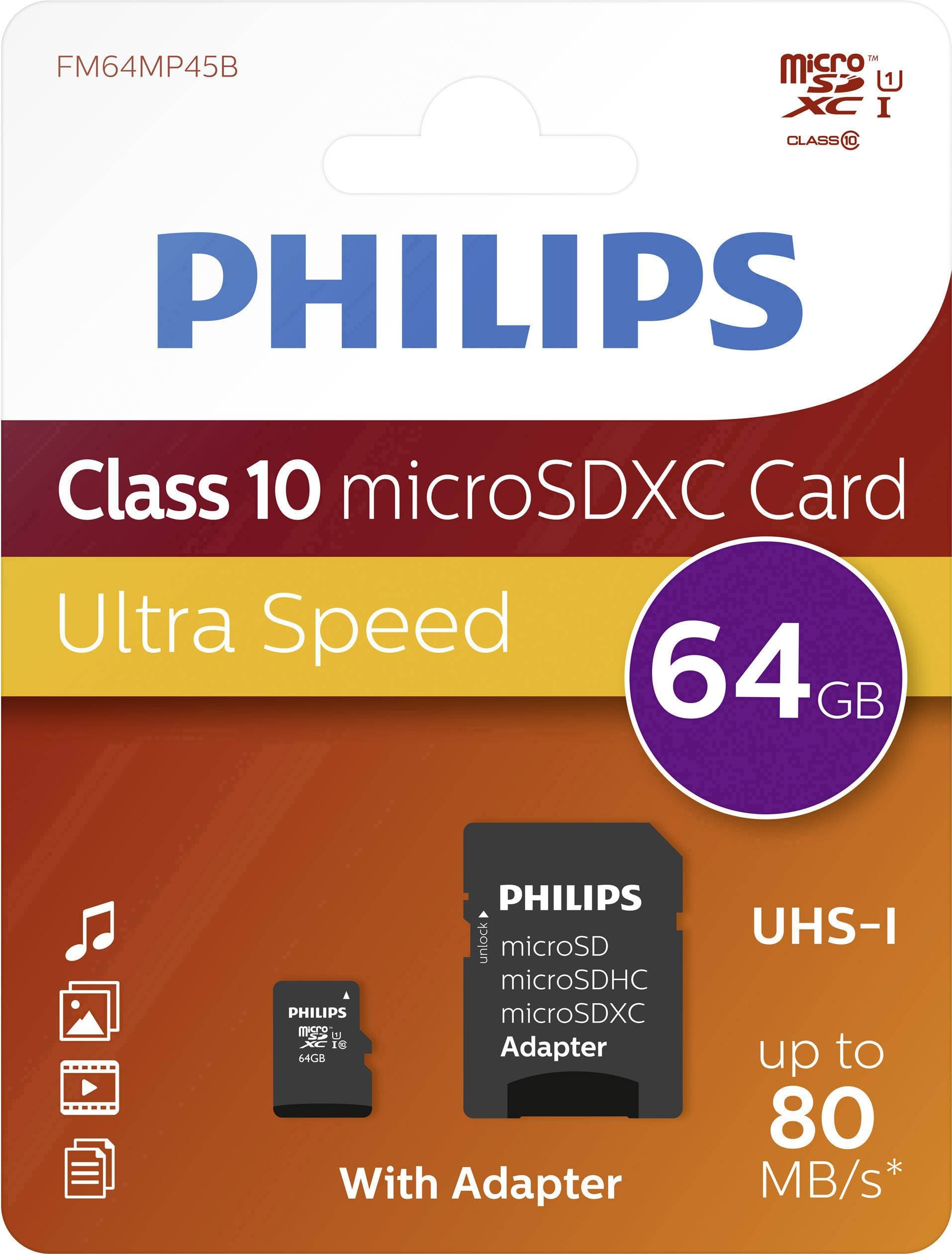 Card memorie Micro SDXC, cu adaptor SD, clasa 10, PHILIPS - 64GB