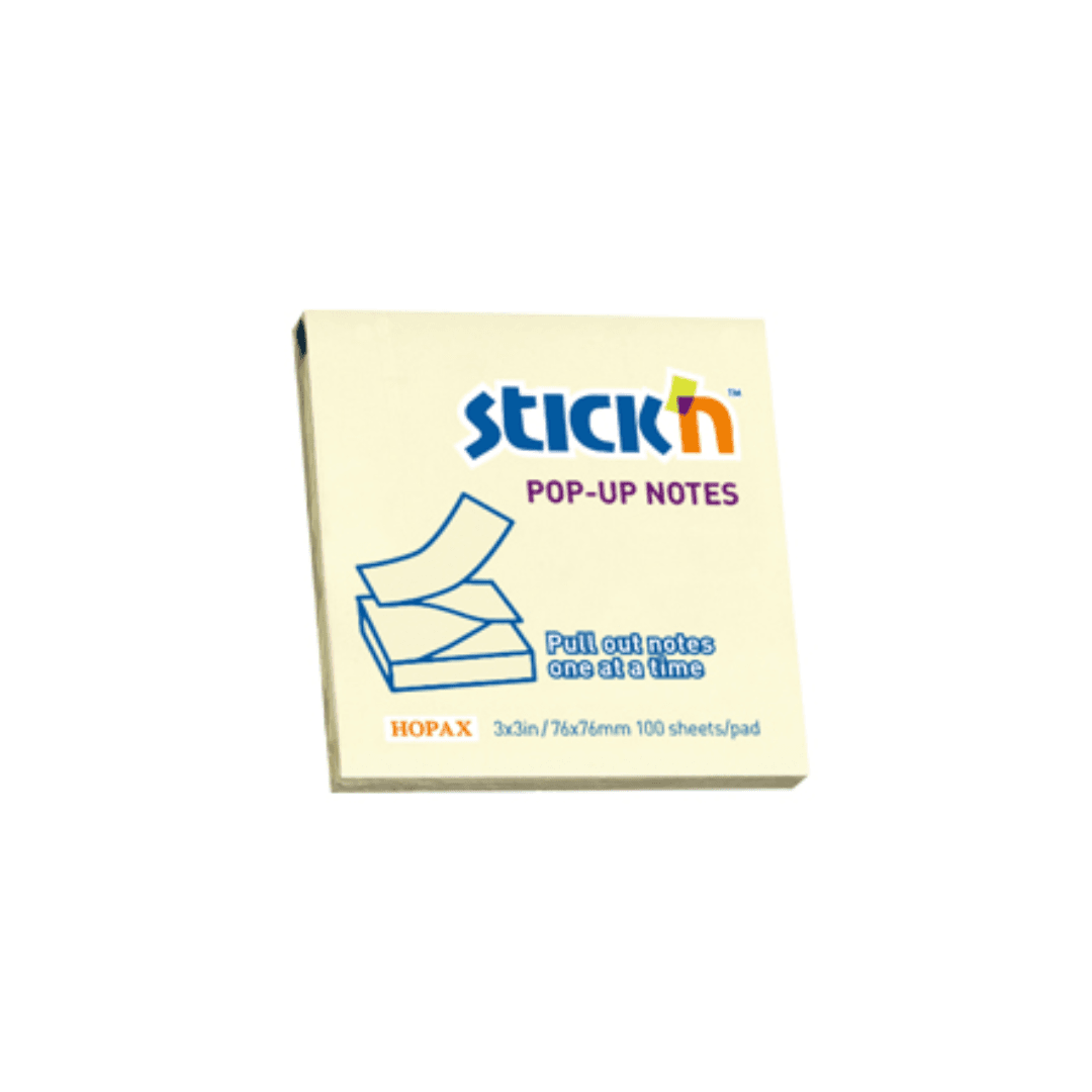 Notes autoadeziv 76 x 76 mm, cu dispenser, 100 file, Stick'n Pop-up – galben pastel