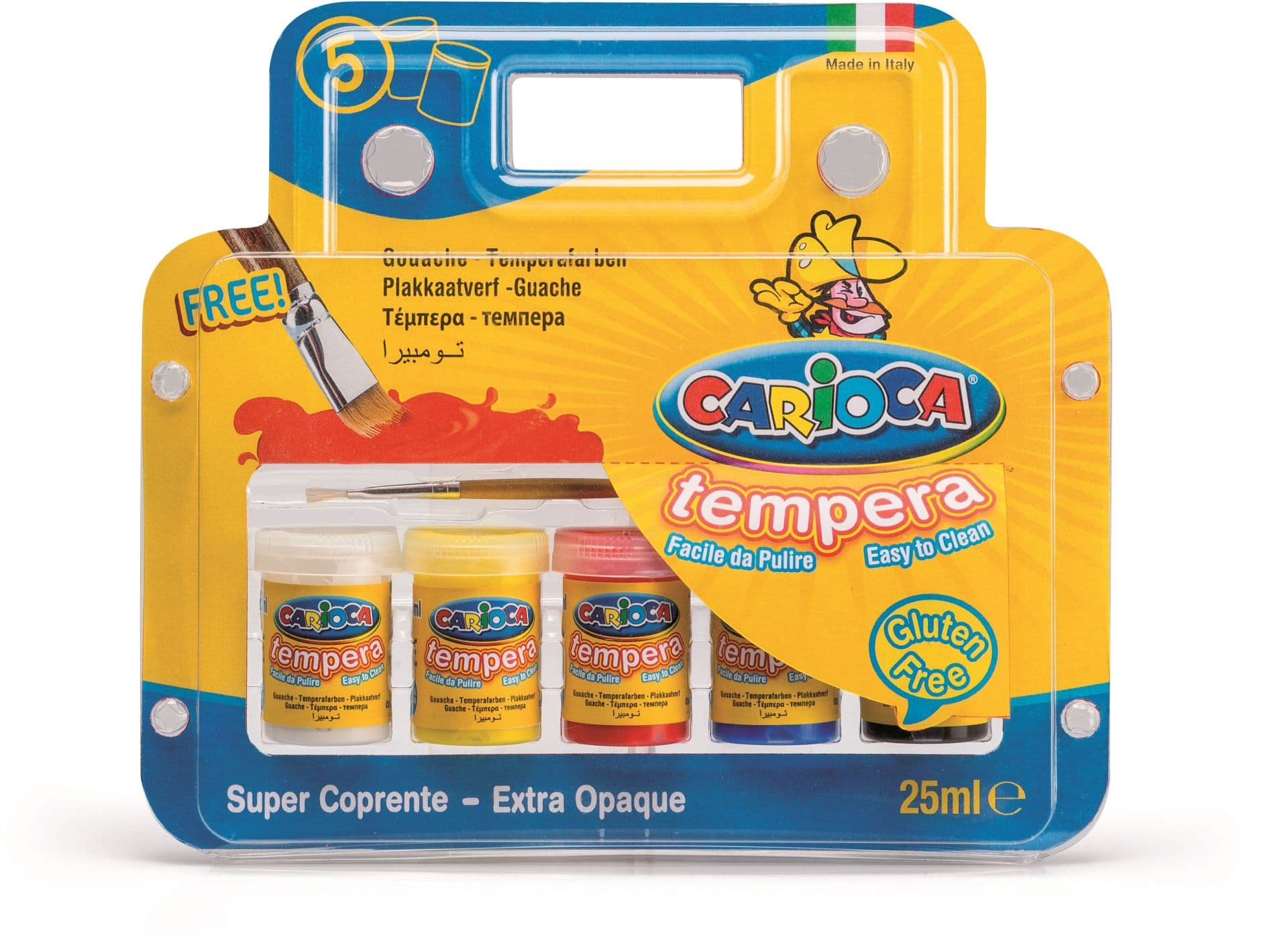 Tempera super lavabila, 5 culori x 25ml/set + pensula gratis, CARIOCA Tempera