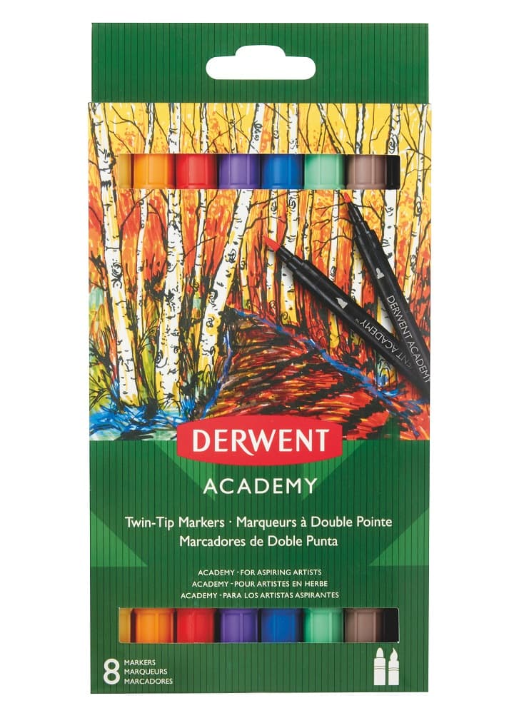 Carioca DERWENT Academy, cu 2 capete, varf tip pensula si ascutit, 8buc/set, diverse culori
