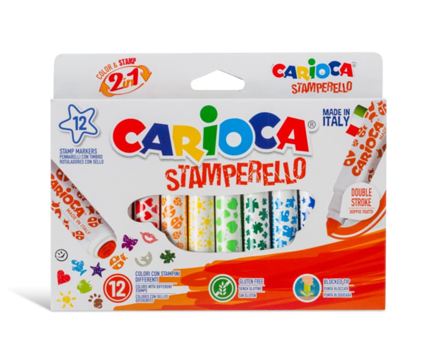 Set 12 markere lavabile, cu 12 stampile diverse forme, cutie carton, CARIOCA Stamperello