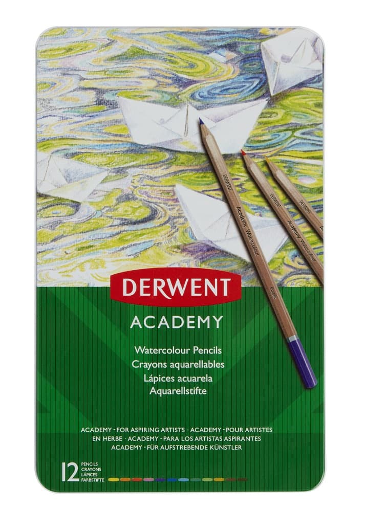 Creioane colorate acuarela DERWENT Academy, cutie metalica, 12buc/set, diverse culori