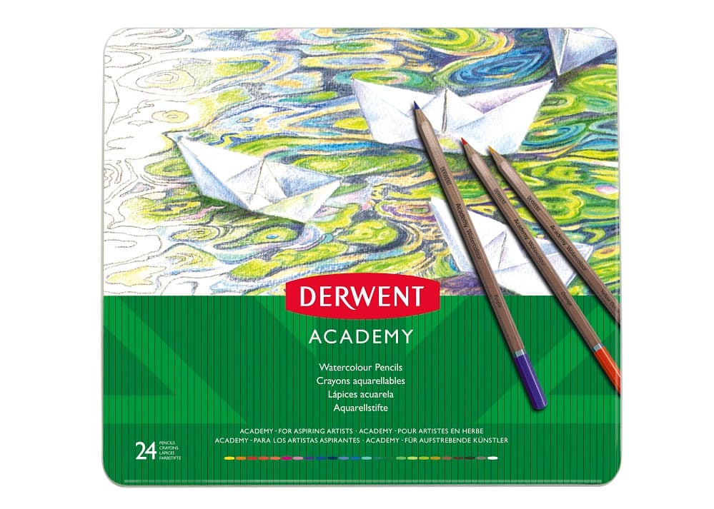 Creioane colorate acuarela DERWENT Academy, cutie metalica, 24buc/set, diverse culori
