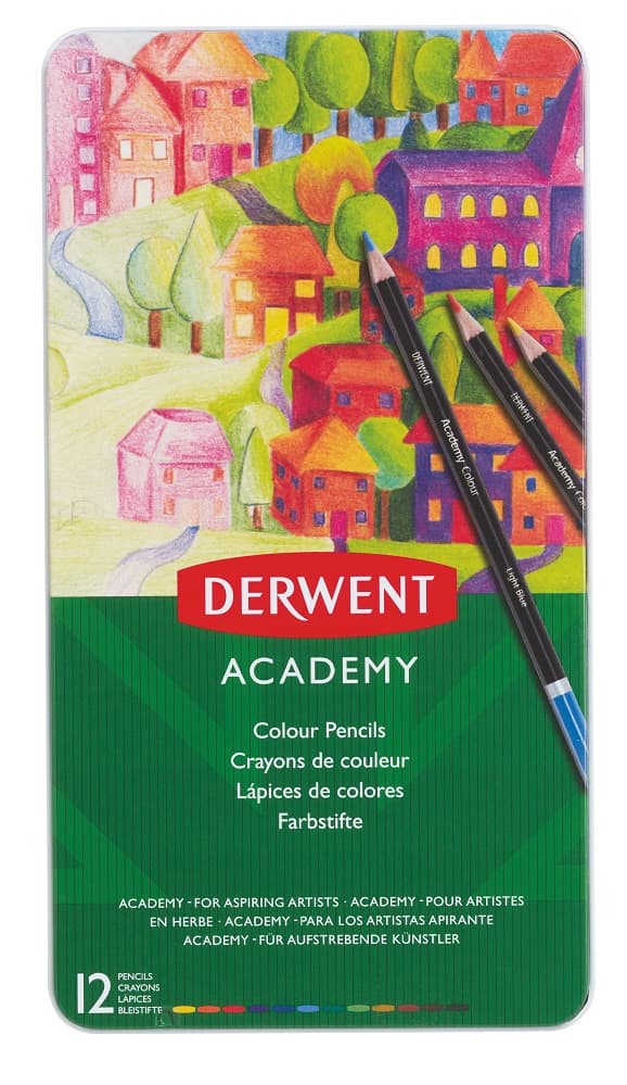 Creioane colorate DERWENT Academy, cutie metalica, 12buc/set