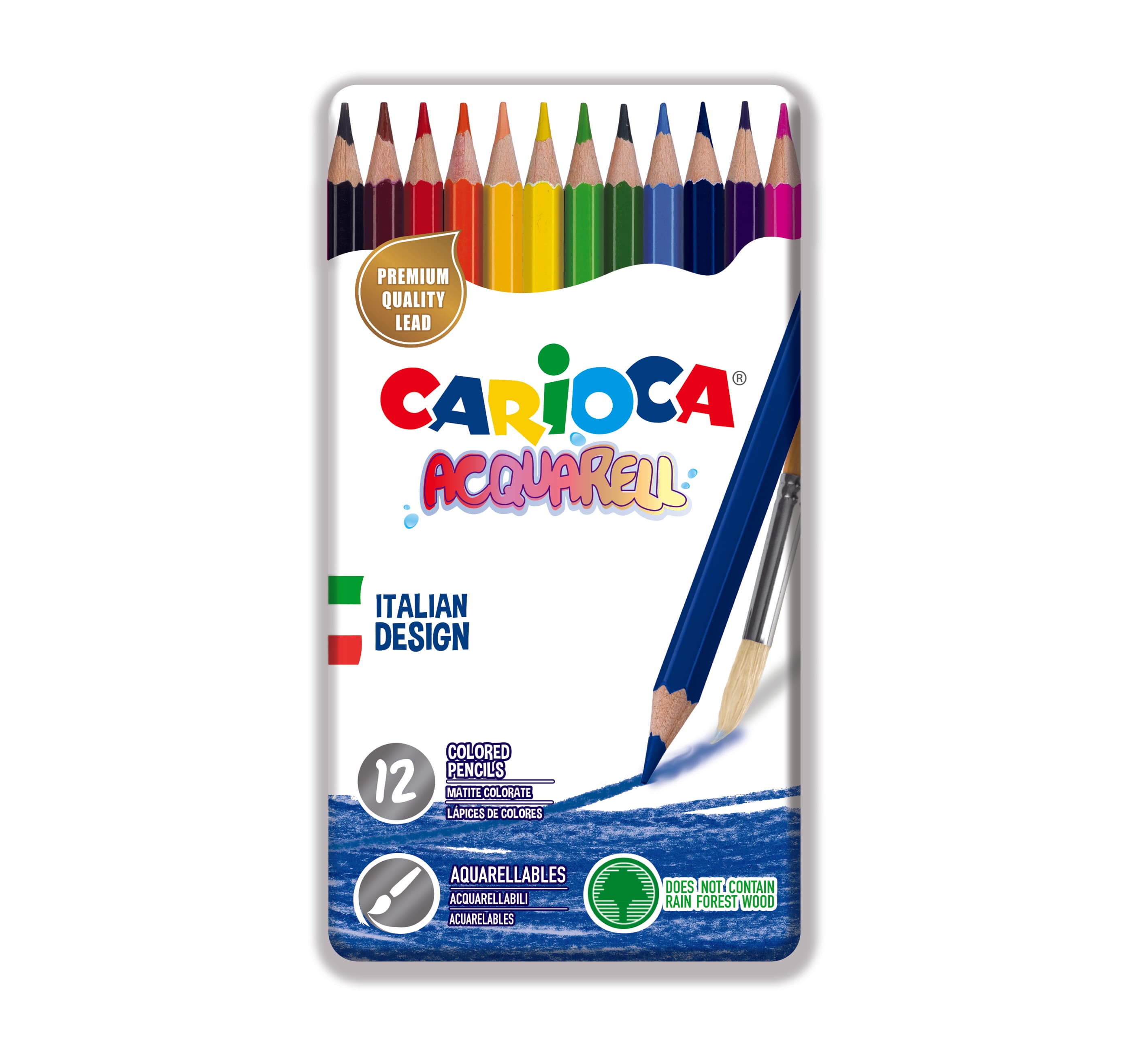 Creioane colorate CARIOCA Acquarell, hexagonale, 12 culori/cutie - cutie metalica