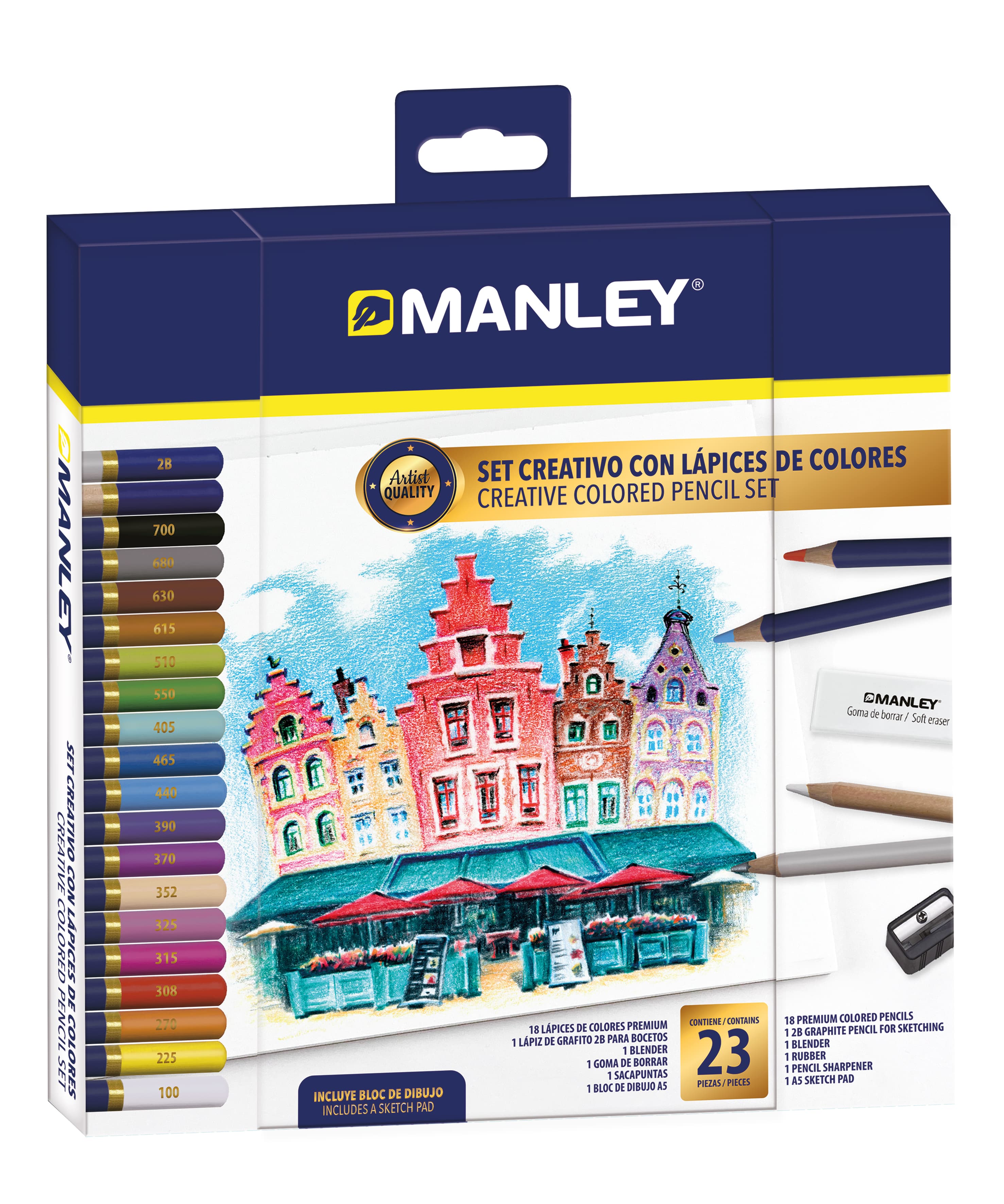 Creioane colorate, 23 culori/set, ascutitoare+radiera incluse, Manley