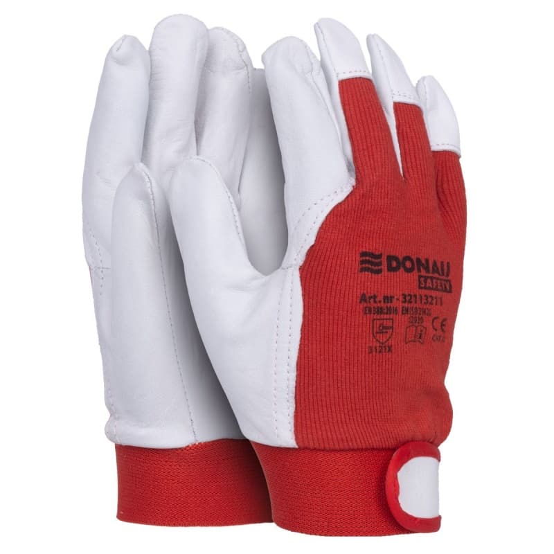 Manusi protectie DONAU, din piele, grip, manseta elastica cu inchidere velcro- marimea 11 - alb/rosu