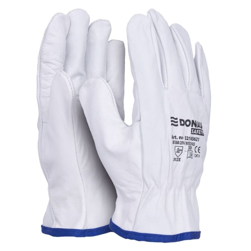 Manusi protectie DONAU, din piele, grip, aratator intarit - marimea 8 - alb cu albastru