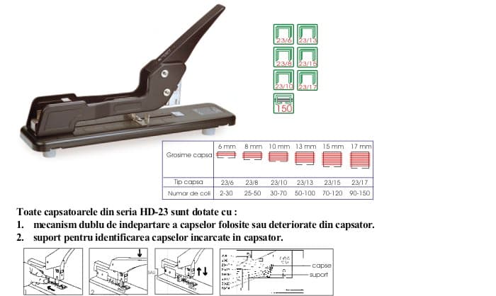 Capsator cu brat lung, 150 coli, KANGARO HD23-L17 - negru