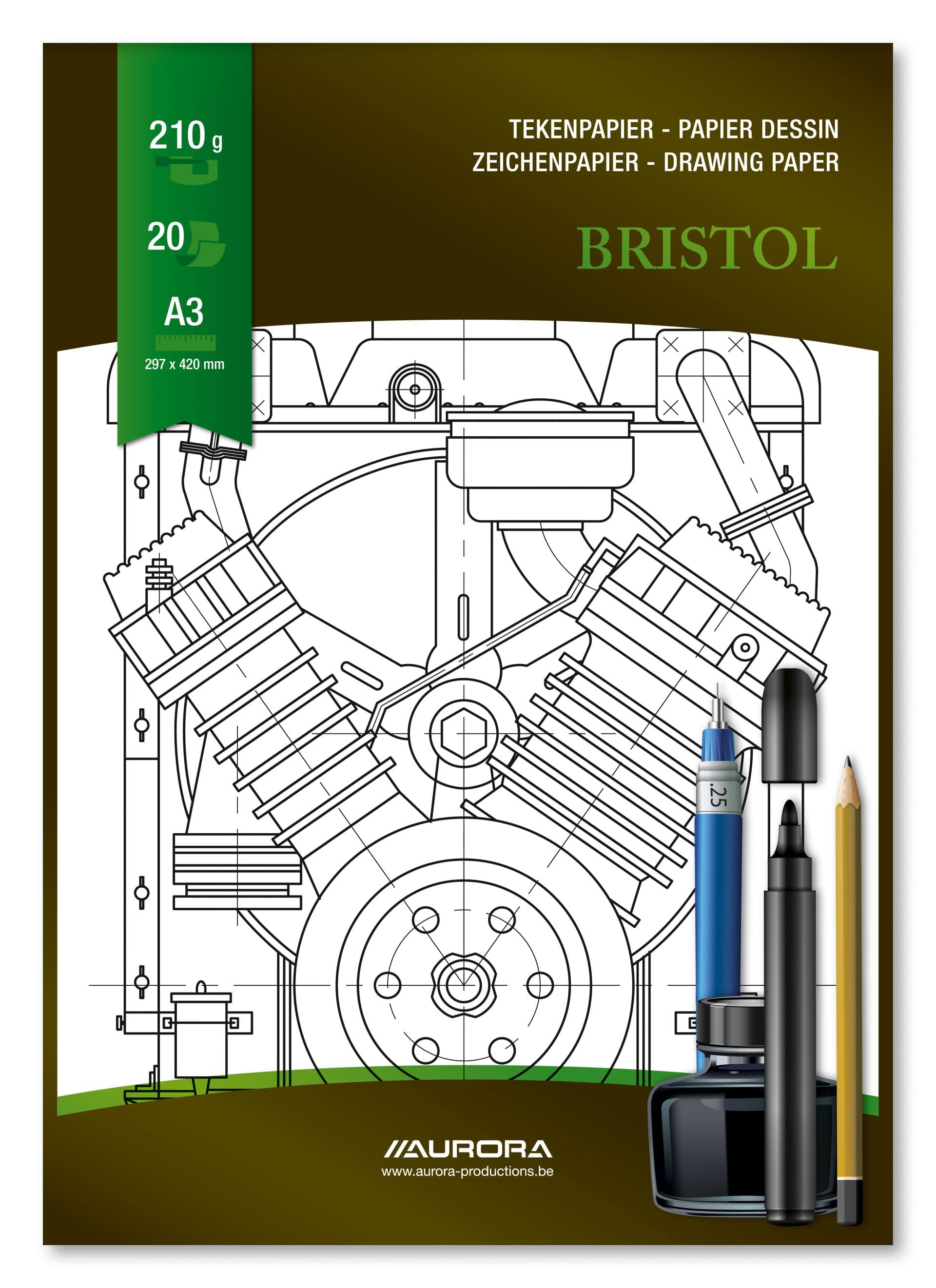Bloc desen A3, 20 file - 210gsm, pentru schite creion/marker, AURORA Bristol - carton alb
