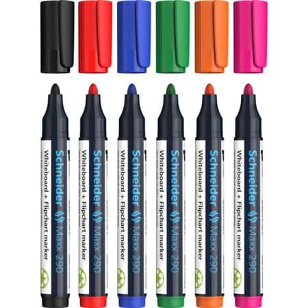 Marker SCHNEIDER Maxx 290, pentru tabla de scris+flipchart, varf rotund 2-3mm, 6 culori/set