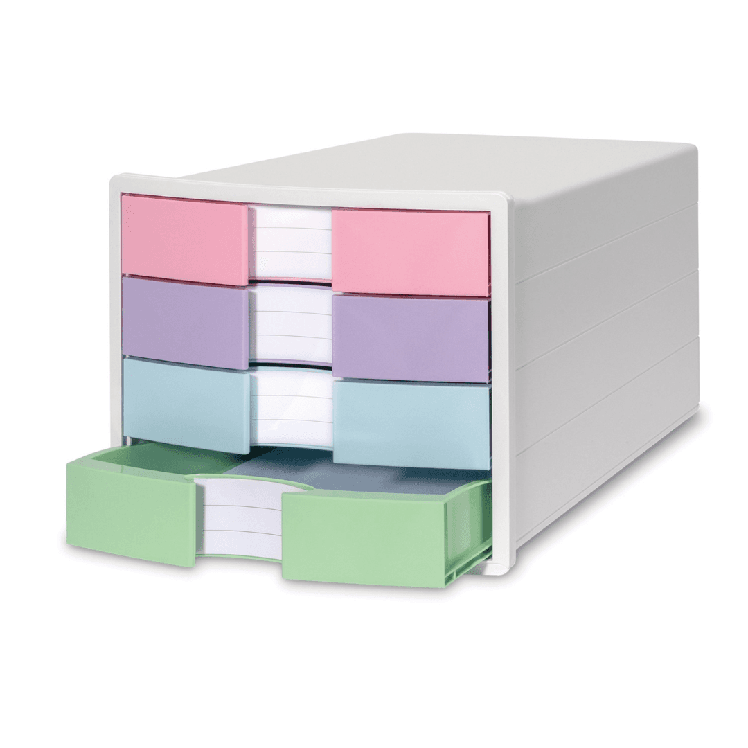 Suport plastic cu 4 sertare pt. documente, HAN Impuls 2.0 - alb - sertare culori pastel