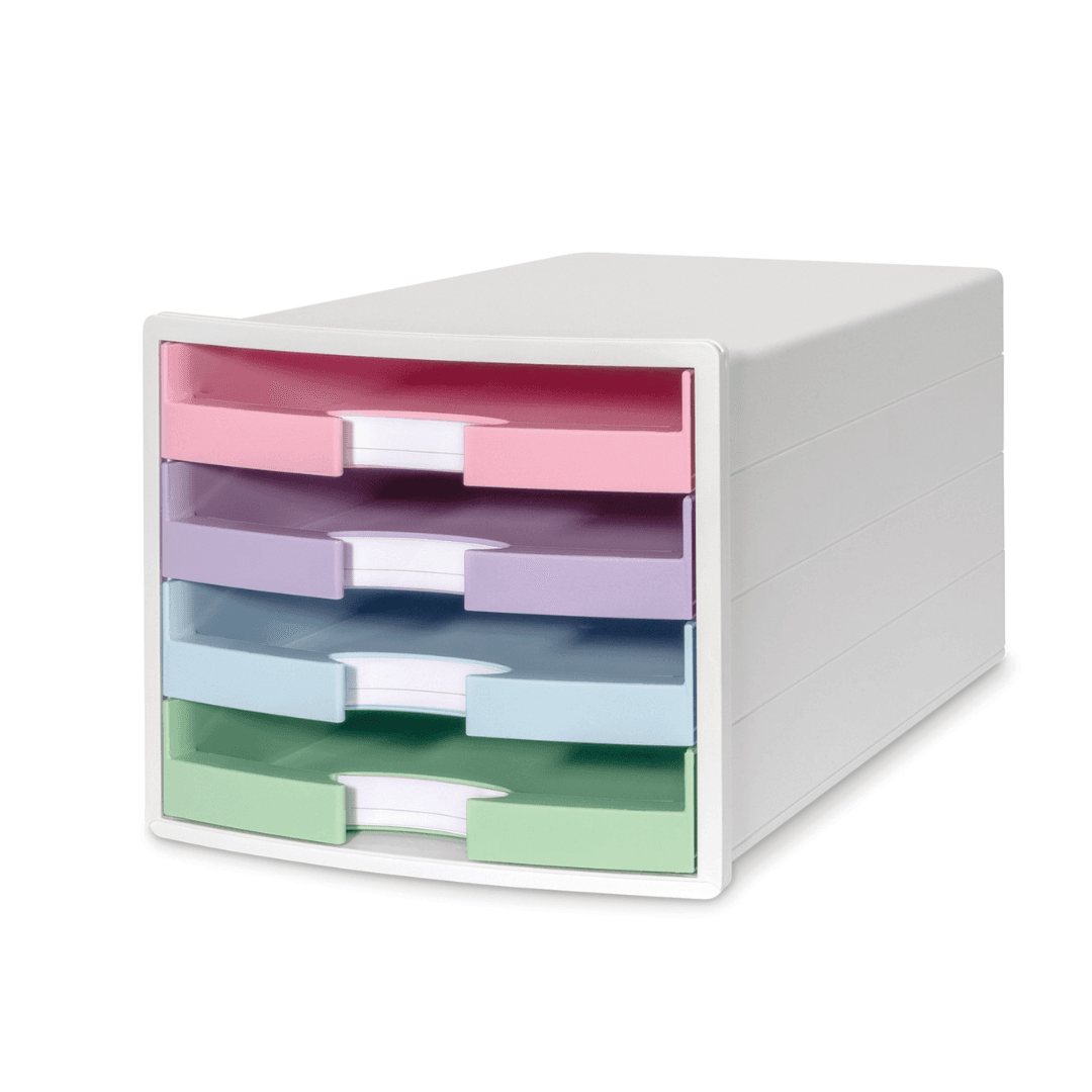 Suport plastic cu 4 sertare pt. documente, HAN Impuls 2.0 (open) - alb - sertare culori pastel
