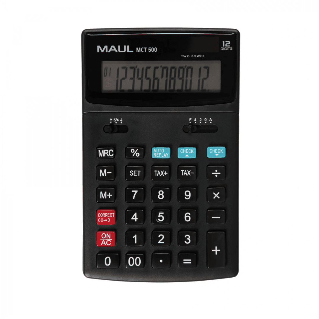 Calculator de birou, 12 digits, MAUL MCT500, functie Check and Correct, cu ecran rabatabil - negru