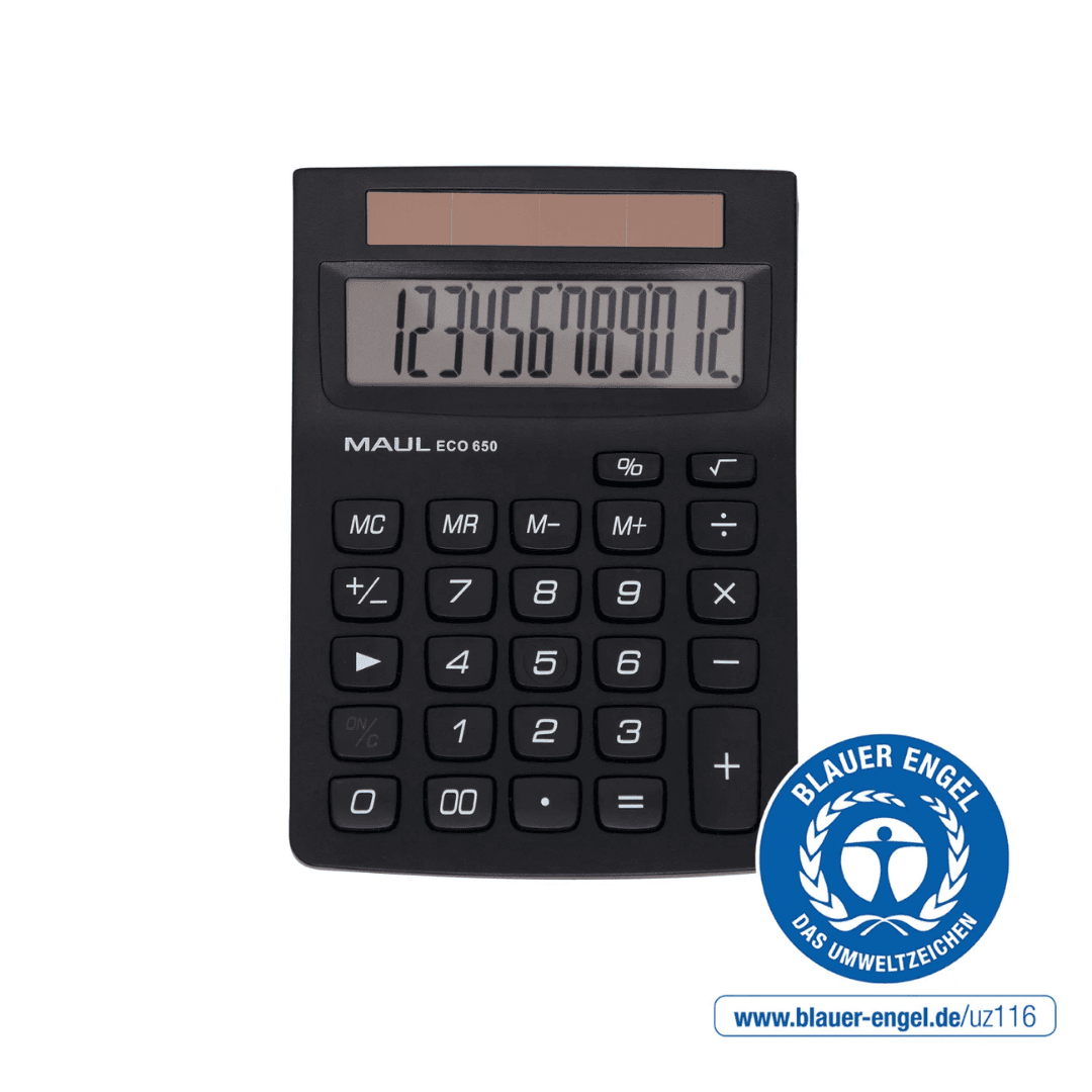 Calculator de birou, 12 digits, MAUL ECO650, din plastic reciclat, incarcare solara - negru