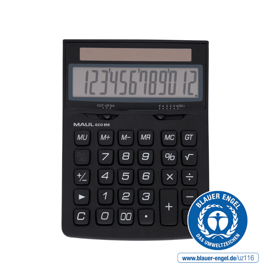 Calculator de birou, 12 digits, MAUL ECO850, din plastic reciclat, incarcare solara - negru