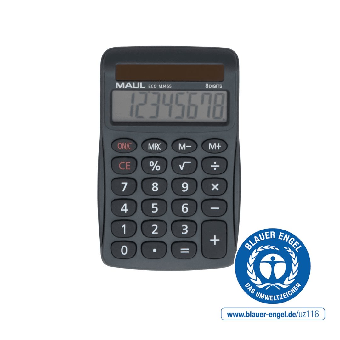 Calculator de birou, 8 digits, MAUL ECO MJ455, din plastic reciclat, incarcare solara - gri