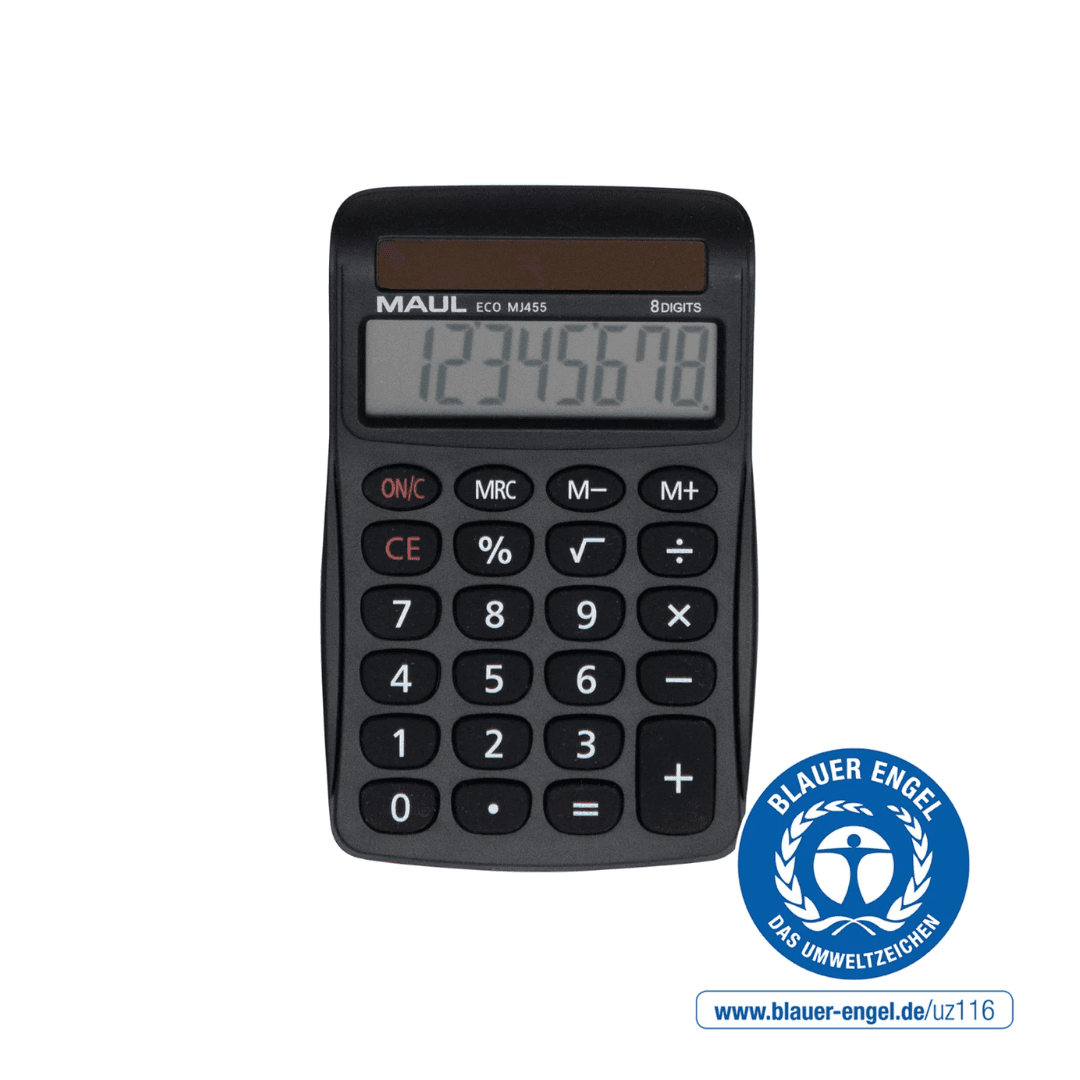 Calculator de birou, 8 digits, MAUL ECO MJ455, din plastic reciclat, incarcare solara - negru
