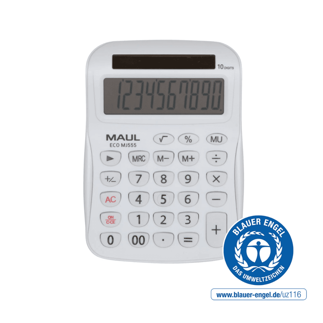 Calculator de birou, 8 digits, MAUL ECO MJ555, din plastic reciclat, incarcare solara - alb