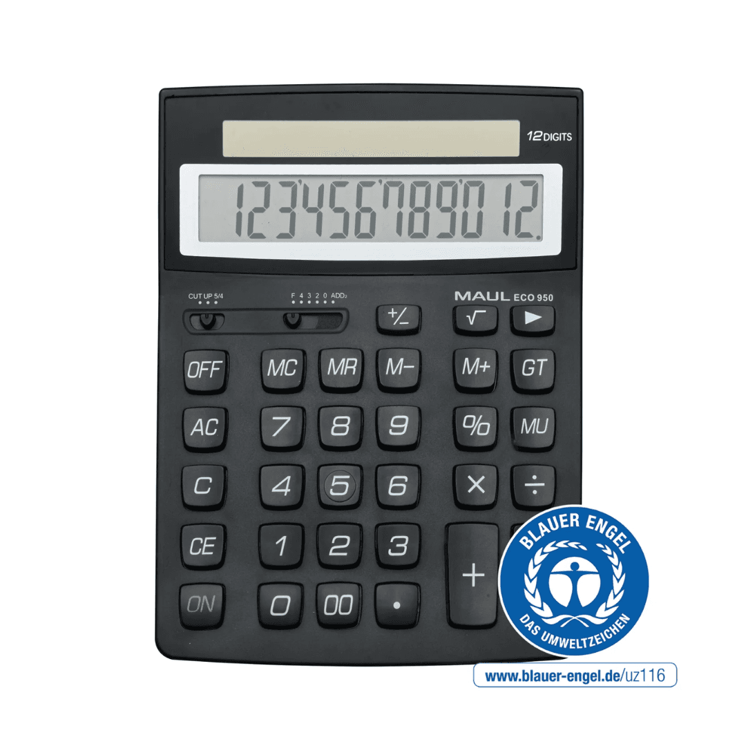 Calculator de birou, 12 digits, MAUL ECO950, din plastic reciclat, incarcare solara - negru