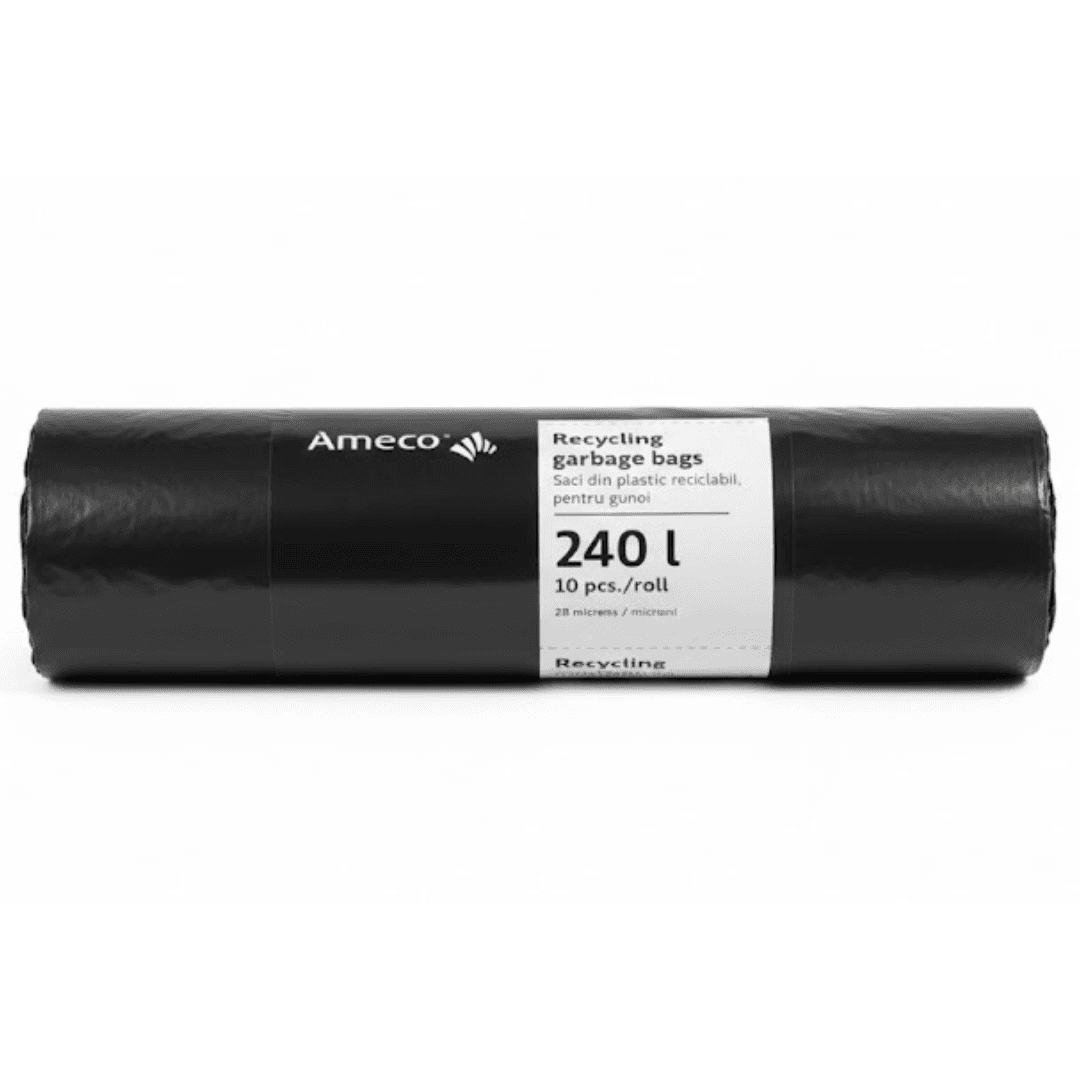 Saci plastic reciclabil, standard, 240L, 95x140cm, 28 microni, 10buc/rola, Ameco - negri