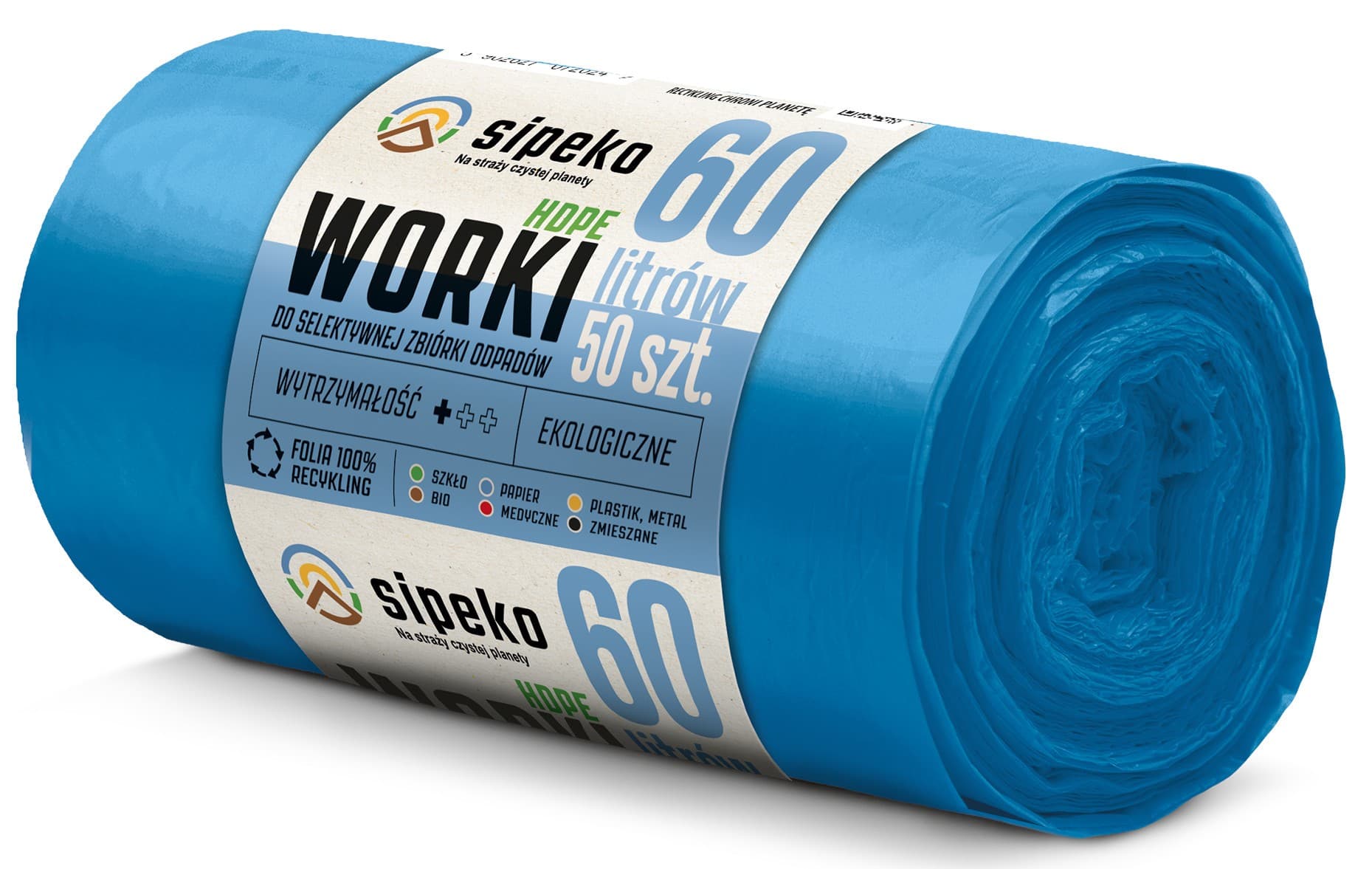 Saci menajeri standard HDPE, 60L, 57 x 72cm, 6 microni, 50buc/rola, Sipeko - albastri