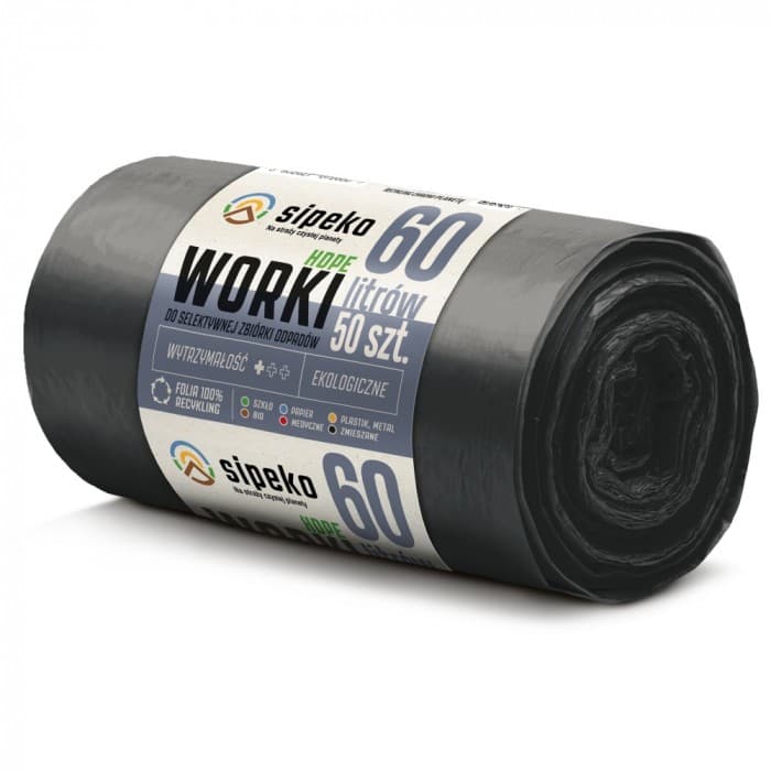 Saci menajeri standard HDPE, 60L, 57 x 72cm, 6 microni, 50buc/rola, Sipeko - negri
