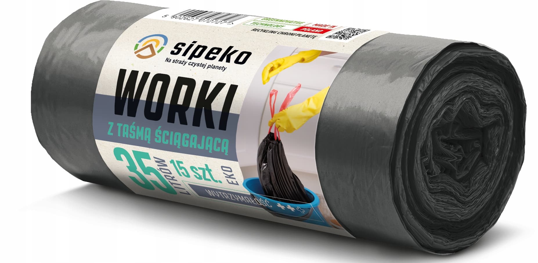 Saci menajeri super strong LDPE, 35L, cu snur, 50 x 60cm, 25 microni, 15buc/rola, Sipeko - negri
