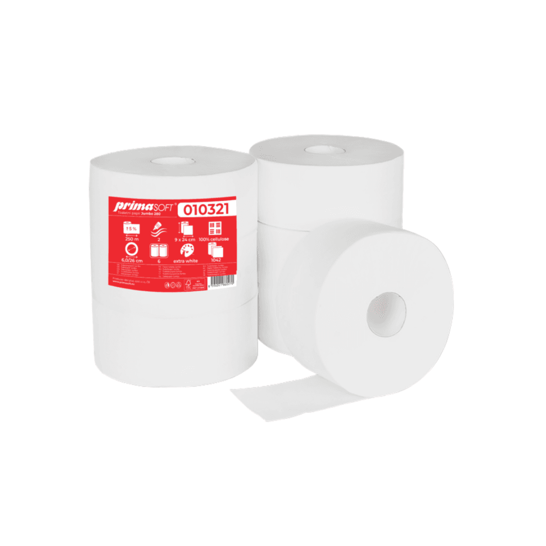 Hartie igienica alba, 100% celuloza, 2 straturi, 250m, 6 role/bax, Prima Soft Jumbo 280