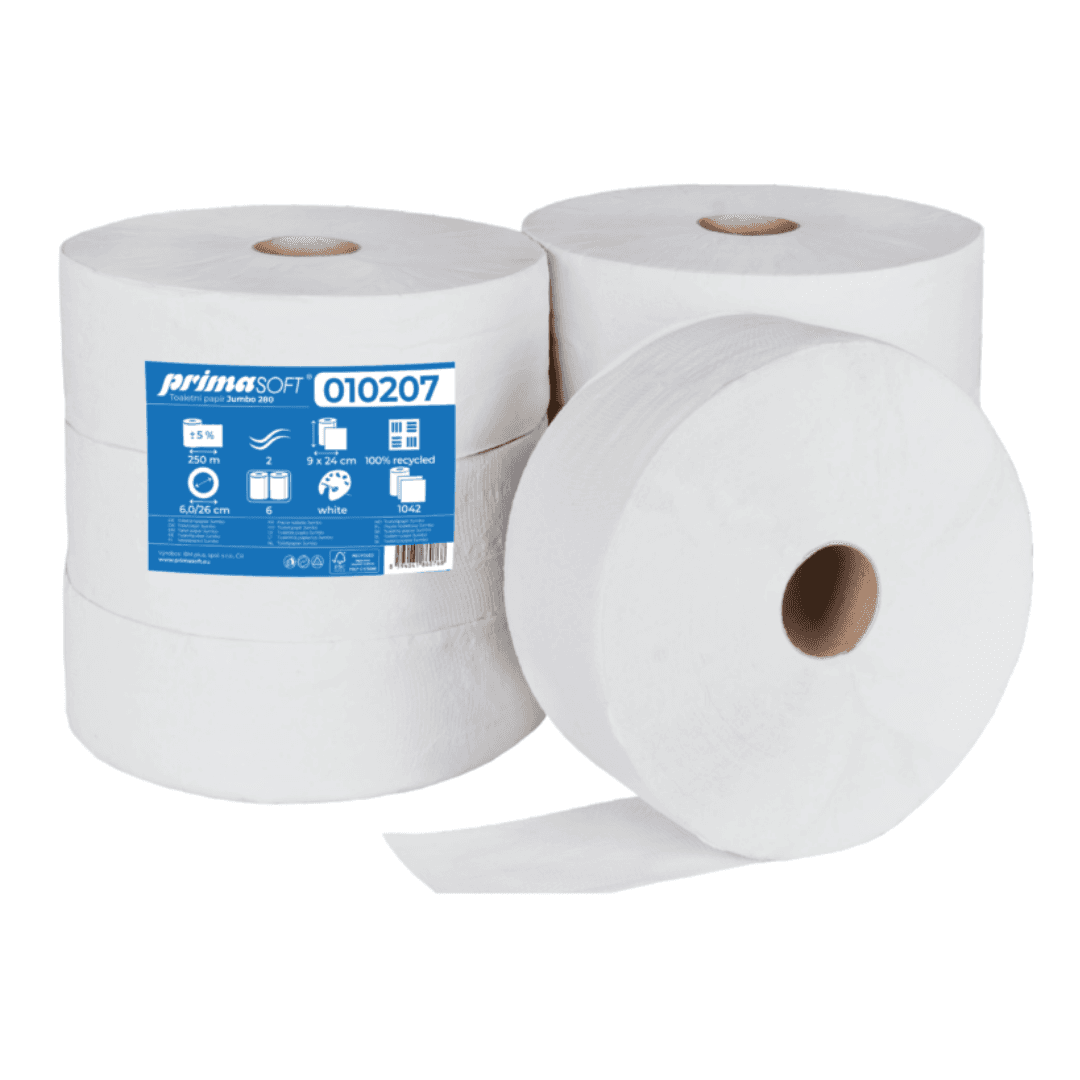 Hartie igienica alba, reciclata, 2 straturi, 250m, 6 role/bax, Prima Soft Jumbo 280