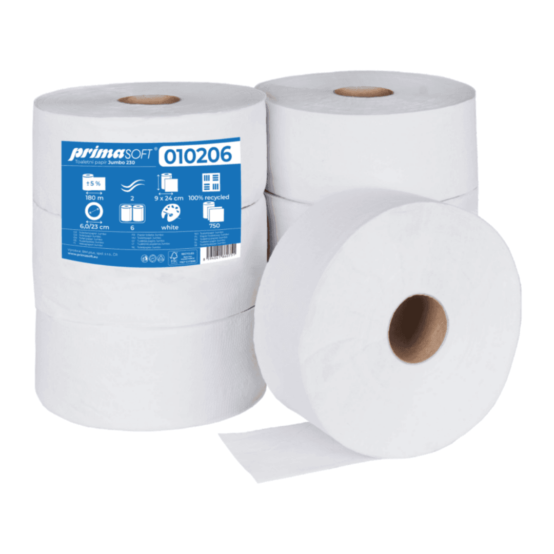 Hartie igienica alba, reciclata, 2 straturi, 180m, 6 role/bax, Prima Soft Jumbo 230