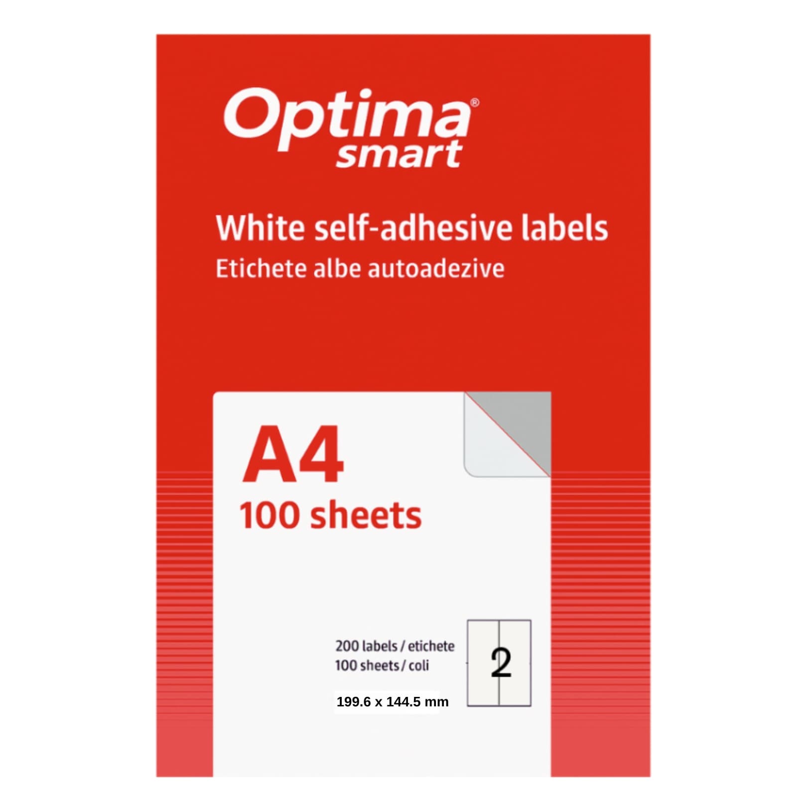 Etichete albe autoadezive 2/A4, 199.6 x 144.5 mm, 100 coli/top, Optima Smart - colturi rotunjite
