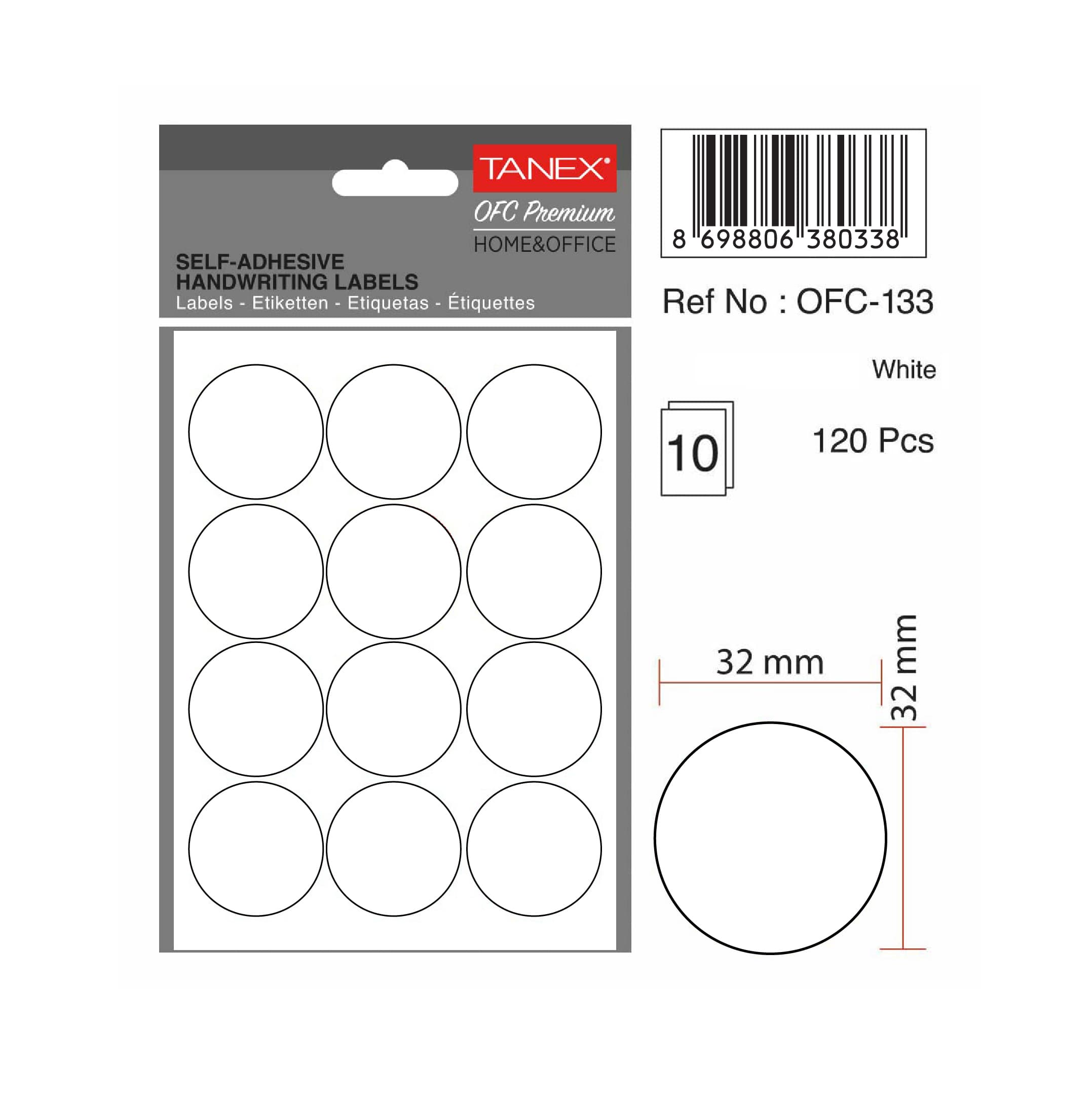 Etichete autoadezive rotunde, D32 mm, 60 buc/set, TANEX, alb