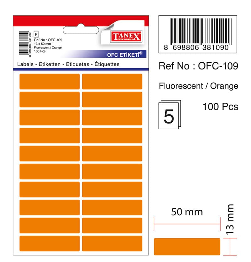 Etichete autoadezive, 13 x 50 mm, 100 buc/set, TANEX, portocaliu fluorescent