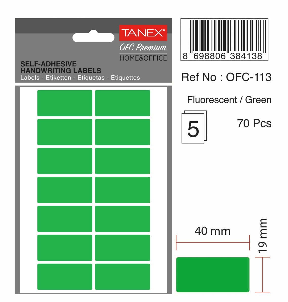 Etichete autoadezive, 19 x 40 mm, 70 buc/set, TANEX, verde fluorescent