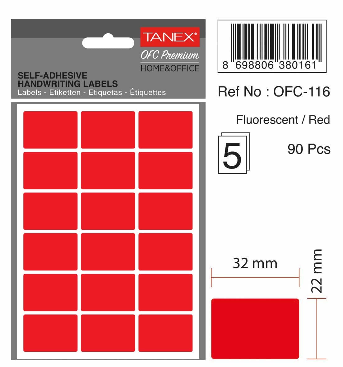 Etichete autoadezive, 22 x 32 mm, 90 buc/set, TANEX, rosu fluorescent