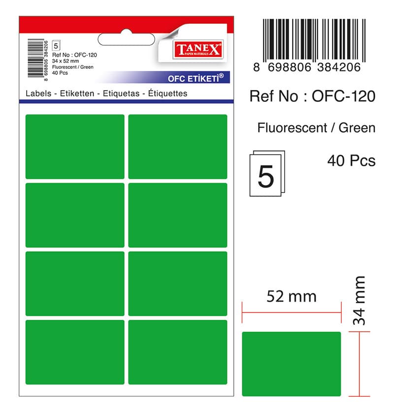 Etichete autoadezive, 34 x 52 mm, 40 buc/set, TANEX, verde fluorescent