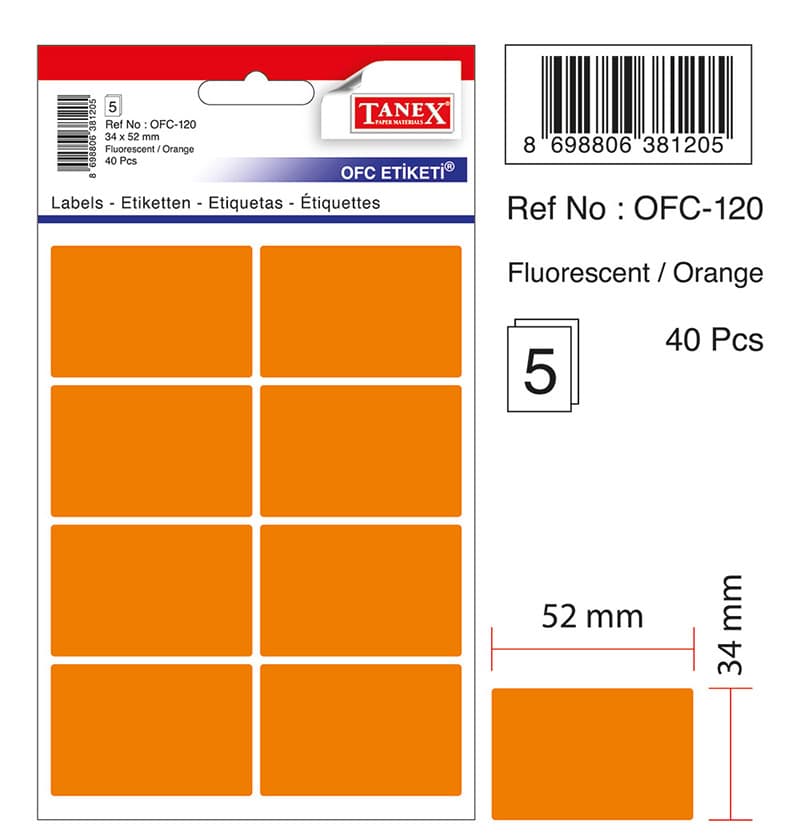 Etichete autoadezive, 34 x 52 mm, 40 buc/set, TANEX, portocaliu fluorescent