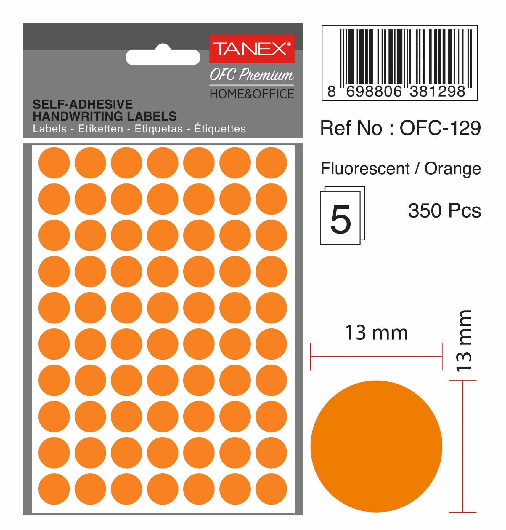Etichete autoadezive rotunde, D13 mm, 350 buc/set, TANEX, portocaliu