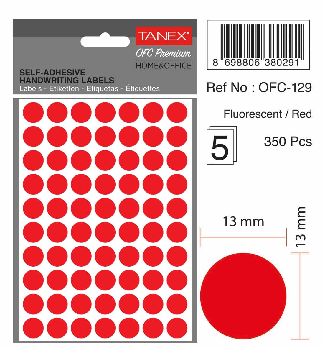 Etichete autoadezive rotunde, D13 mm, 350 buc/set, TANEX, rosu