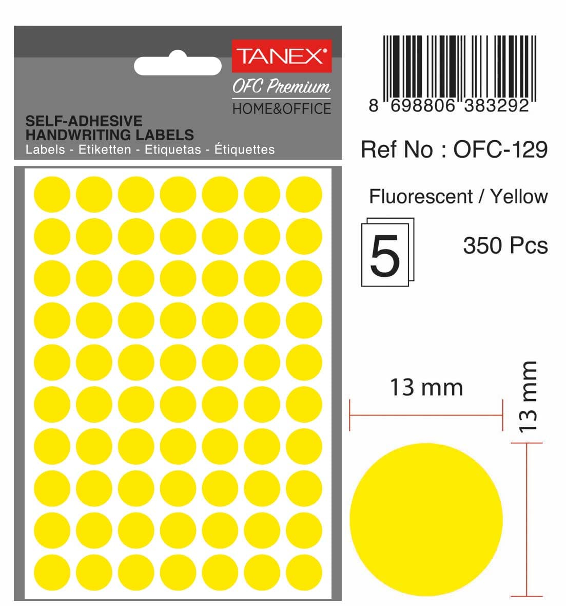 Etichete autoadezive rotunde, D13 mm, 350 buc/set, TANEX, galben