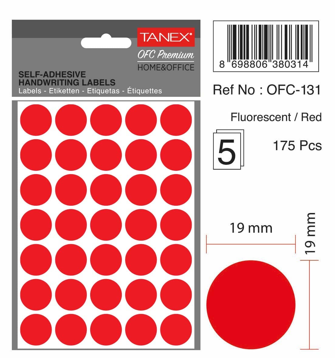 Etichete autoadezive rotunde, D19 mm, 175 buc/set, TANEX, rosu