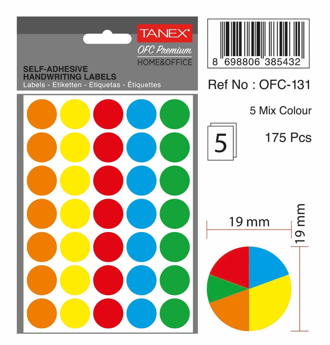 Etichete autoadezive rotunde, D19 mm, 175 buc/set, TANEX, culori fluorescente asortate
