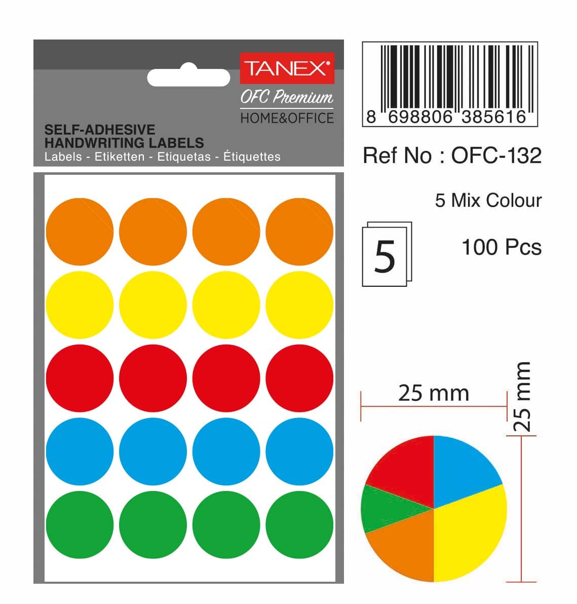 Etichete autoadezive rotunde, D25 mm, 100 buc/set, TANEX, culori fluorescente asortate