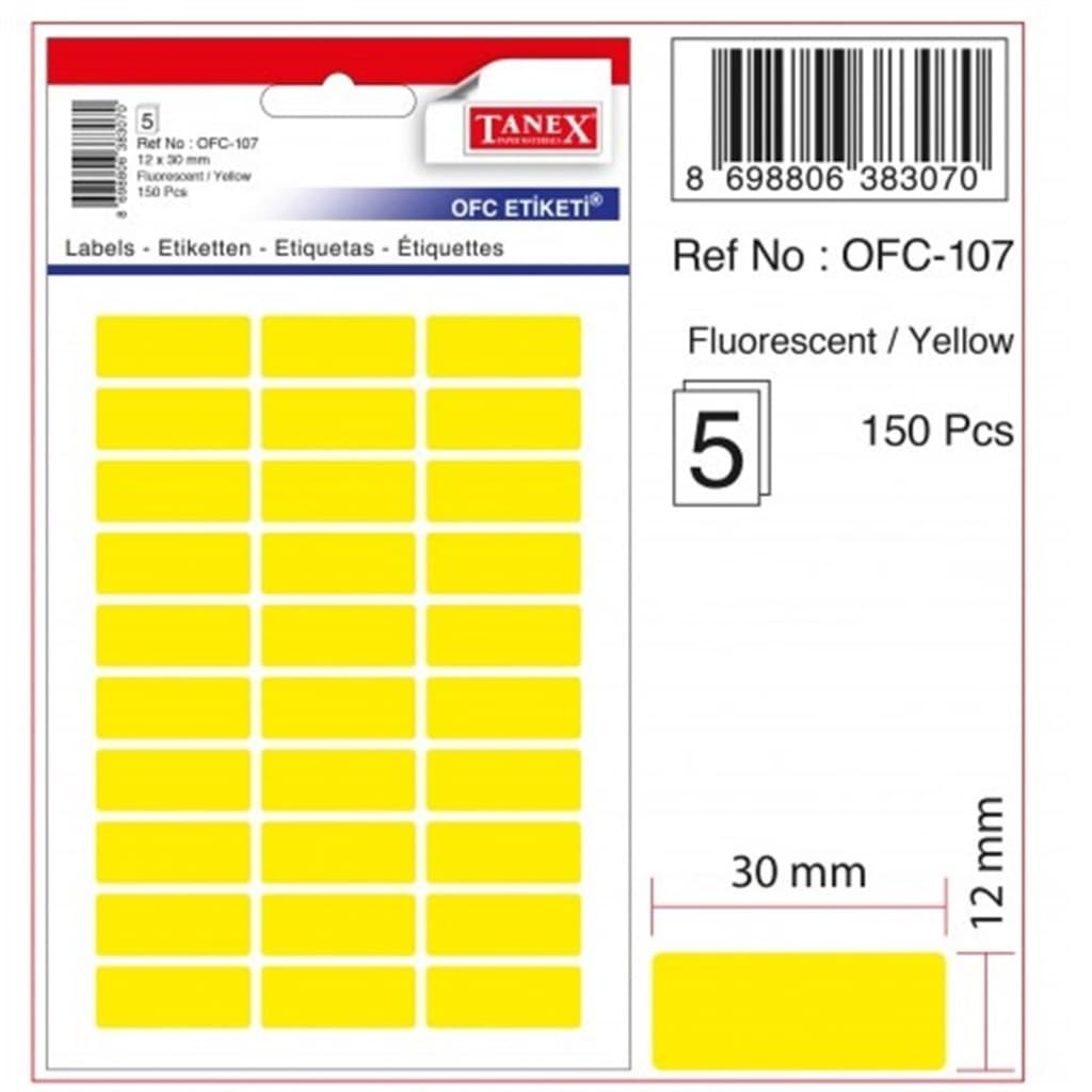 Etichete autoadezive, 12 x 30 mm, 150 buc/set, TANEX, galben fluorescent