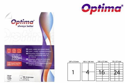 Etichete color autoadezive 1/A4, 210 x 297 mm, 100 coli/top, Optima - albastru