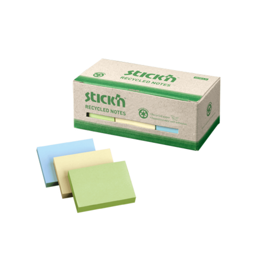 Notes autoadeziv 38 x 51 mm, 12 x 100 file/set, Stick'n - 3 culori pastel - hartie reciclata
