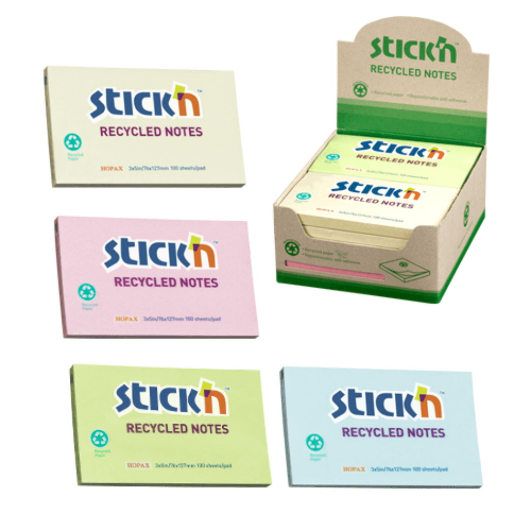Notes autoadeziv 76 x 127 mm, hartie reciclata, 100 file, 12 buc/cutie, Stick'n – 4 culori pastel