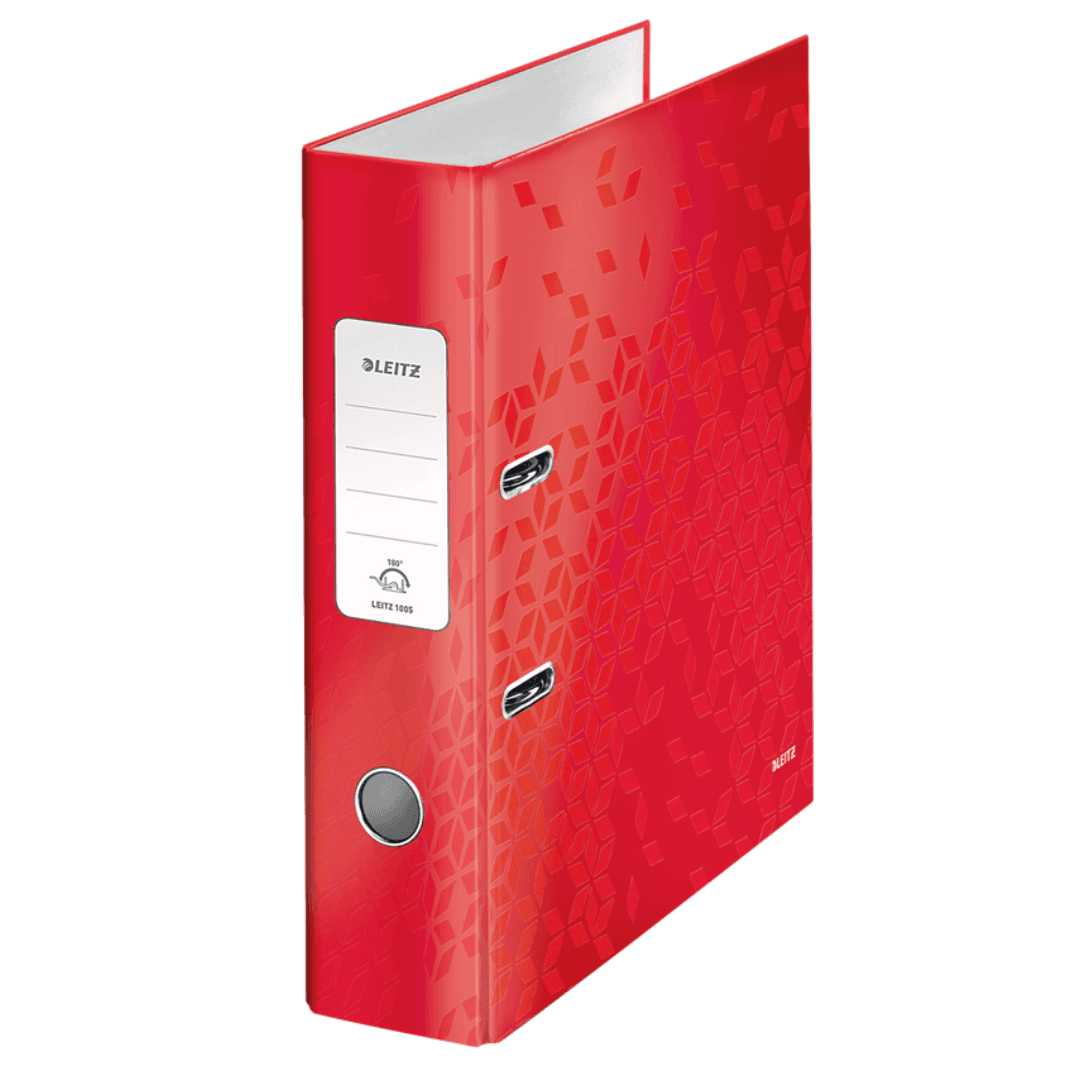 Biblioraft LEITZ 180 WOW, carton laminat, partial reciclat, FSC, A4, 80 mm, rosu